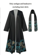 Muslim Saudi Traditional Women's Clothing, Middle Eastern Spring/Autumn New Arrival, Loose Festival Party Open-Front Robe, Ramadan, Eid Al-Fitr, Eid Al-Adha, Long-Sleeved Elegant Ethnic Style Floral Print Cardigan Dress with Headscarf, 1 Summer - Black