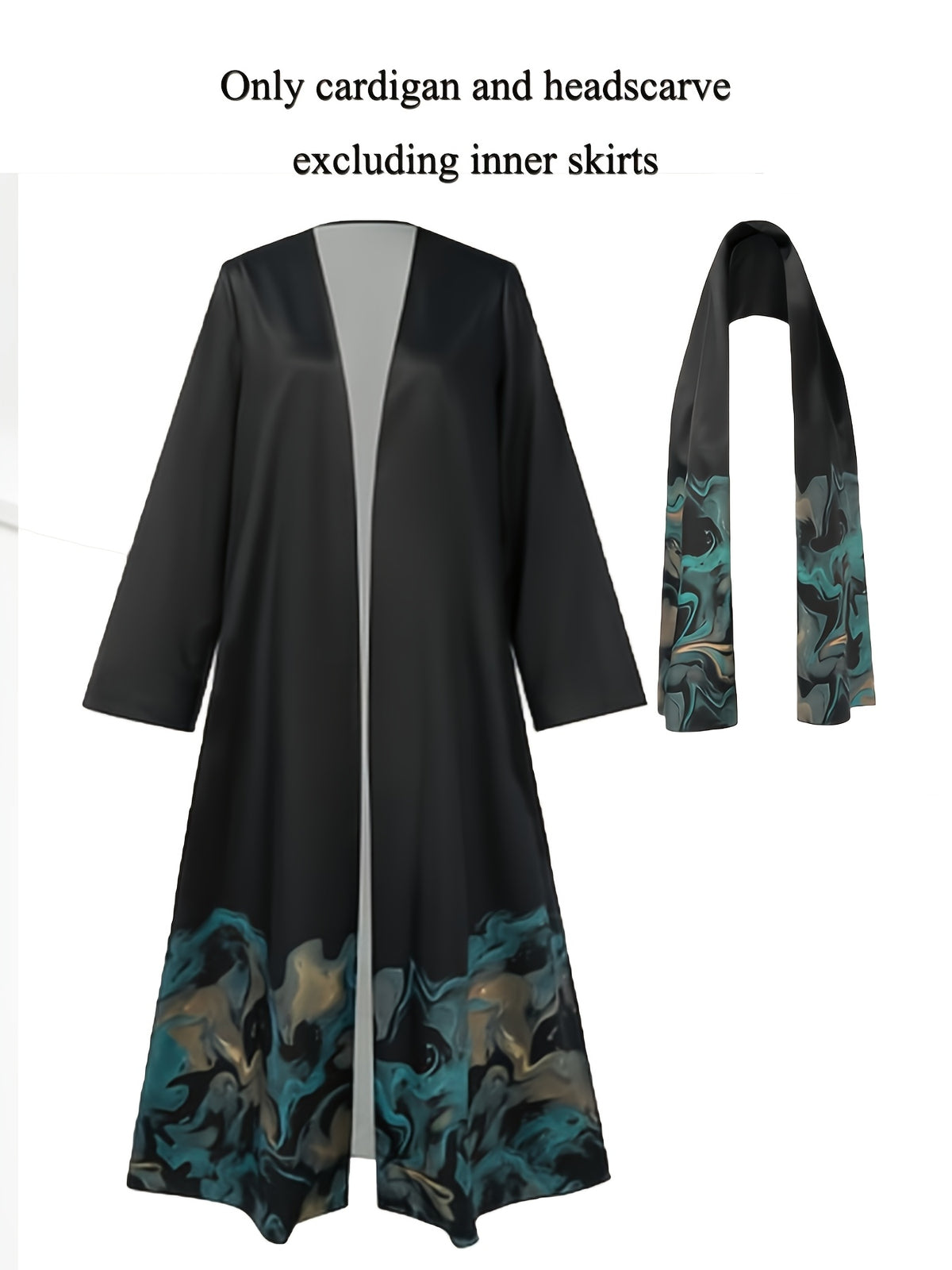 Muslim Saudi Traditional Women's Clothing, Middle Eastern Spring/Autumn New Arrival, Loose Festival Party Open-Front Robe, Ramadan, Eid Al-Fitr, Eid Al-Adha, Long-Sleeved Elegant Ethnic Style Floral Print Cardigan Dress with Headscarf, 1 Summer - Black