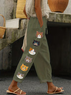 Women's New Pocket Decor Waist Drawstring Pants with Cat Print for Vacation and Daily Wear - Olive Green