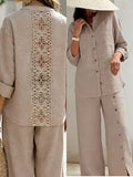Spring/Summer Loose-Fit Shirt and Wide-Leg Pants 2pcs Set for Women, with Lace Cut-Out Back Design, a Lazy, Casual, and Commuter-Friendly Temperament Set 2A11794 - Linen