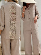 Spring/Summer Loose-Fit Shirt and Wide-Leg Pants 2pcs Set for Women, with Lace Cut-Out Back Design, a Lazy, Casual, and Commuter-Friendly Temperament Set 2A11794 - Linen