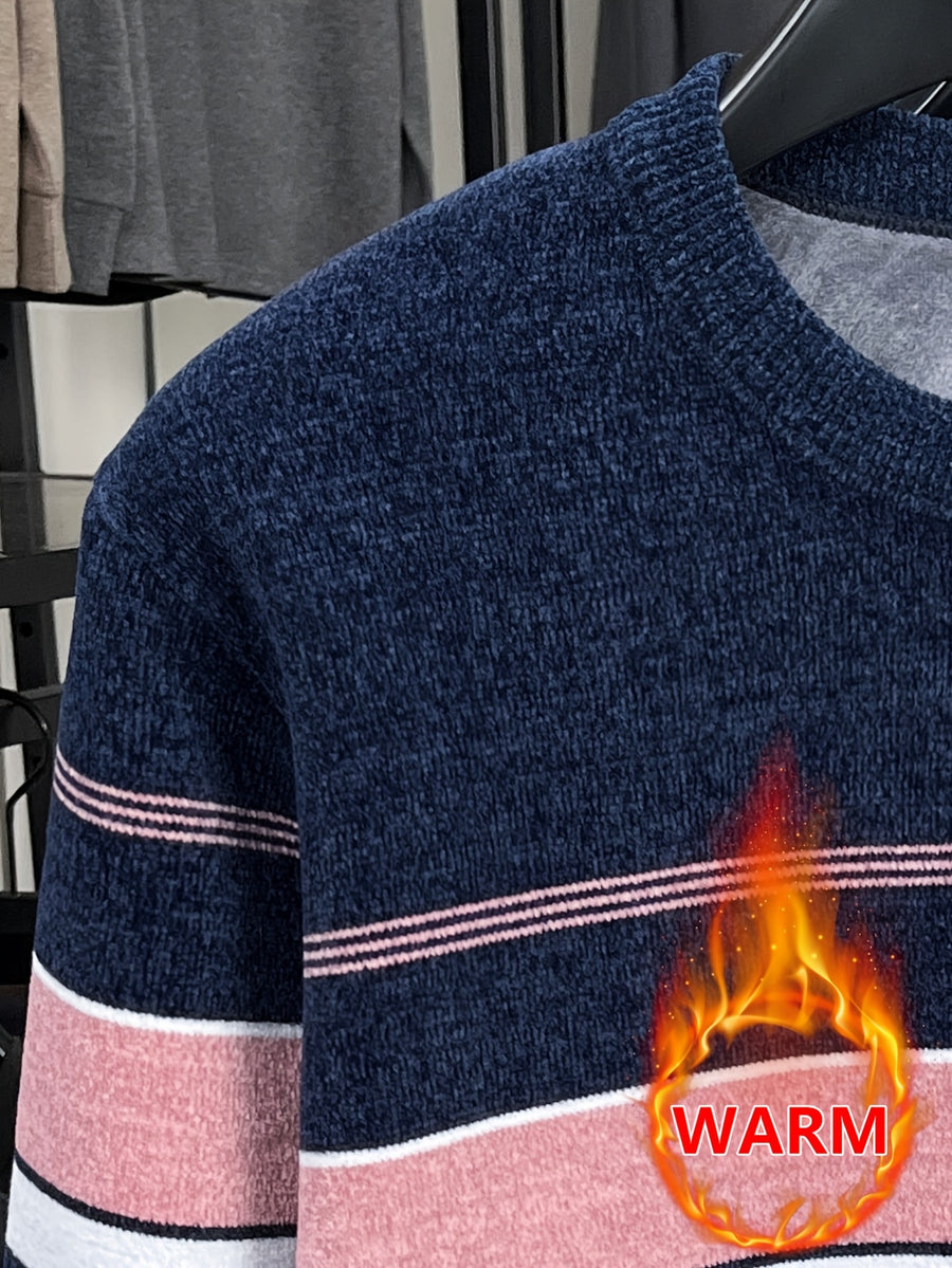 Minimalist Urban -Lined Crew Neck Knit Sweater for Warmth and City Casual Style - pink