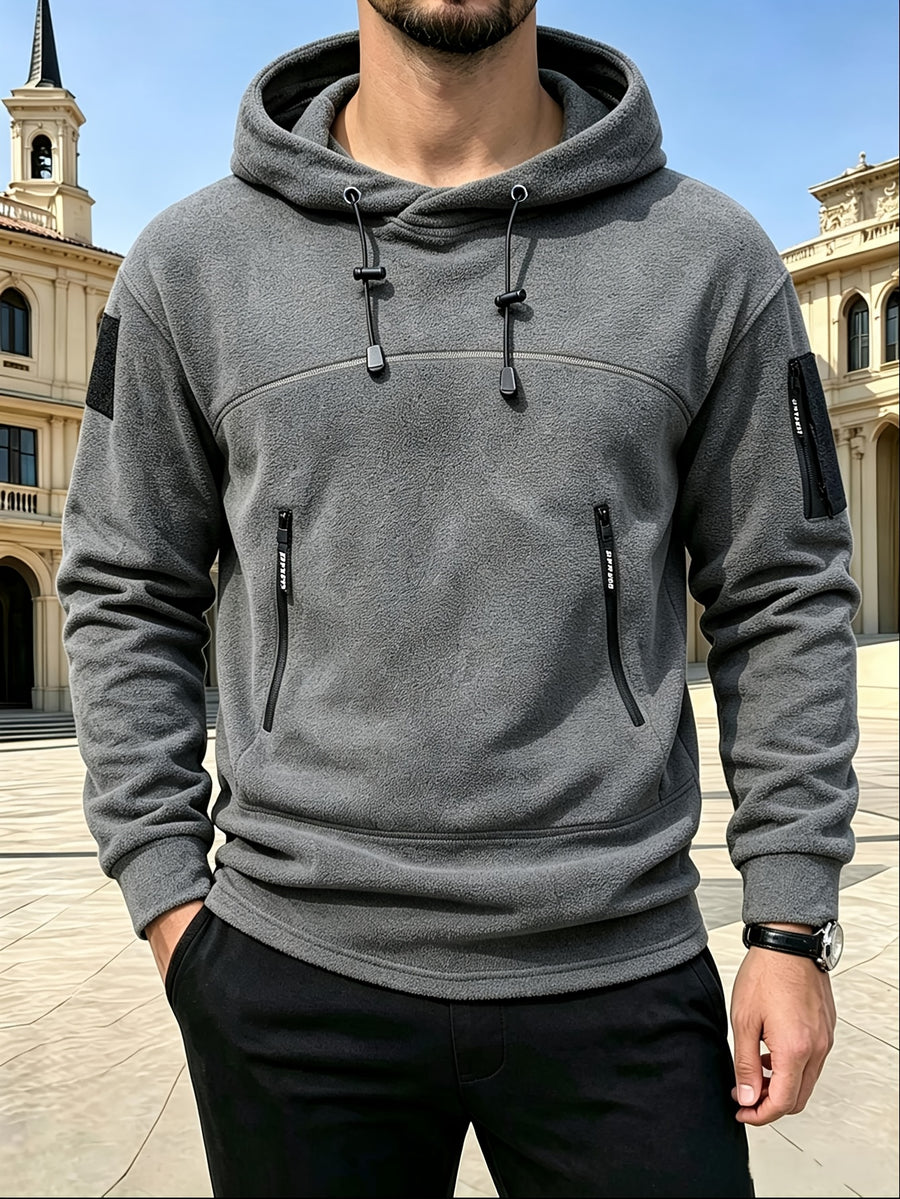 Men's Polar Fleece Tactical Hoodie, Long Sleeve Pullover Hooded Sweatshirt with Multi Zipper Pockets, Casual Outdoor Warm Hooded Top for Daily Hiking Travel - Grey