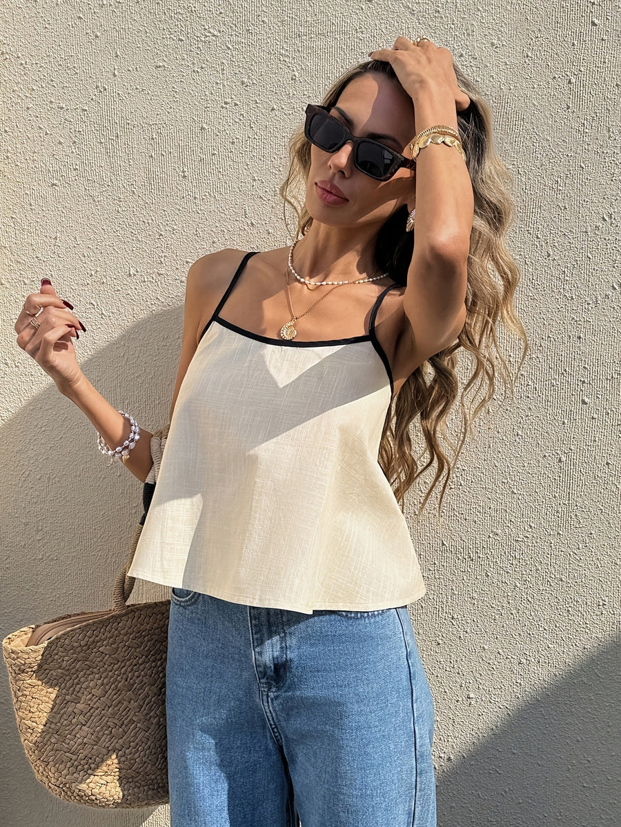 Lace Back Strap Tank Top, Contrast Trim Bow Loose Sleeveless Top - Light Beige