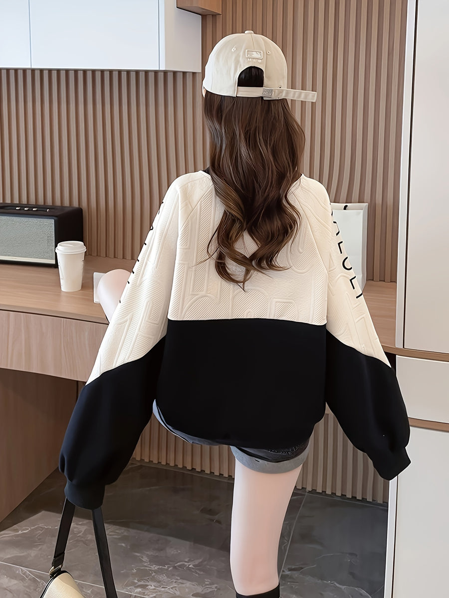 Spring/Autumn New Contrast Round Neck Textured Appliqué Letter Embroidered Sweatshirt Women'S - Black