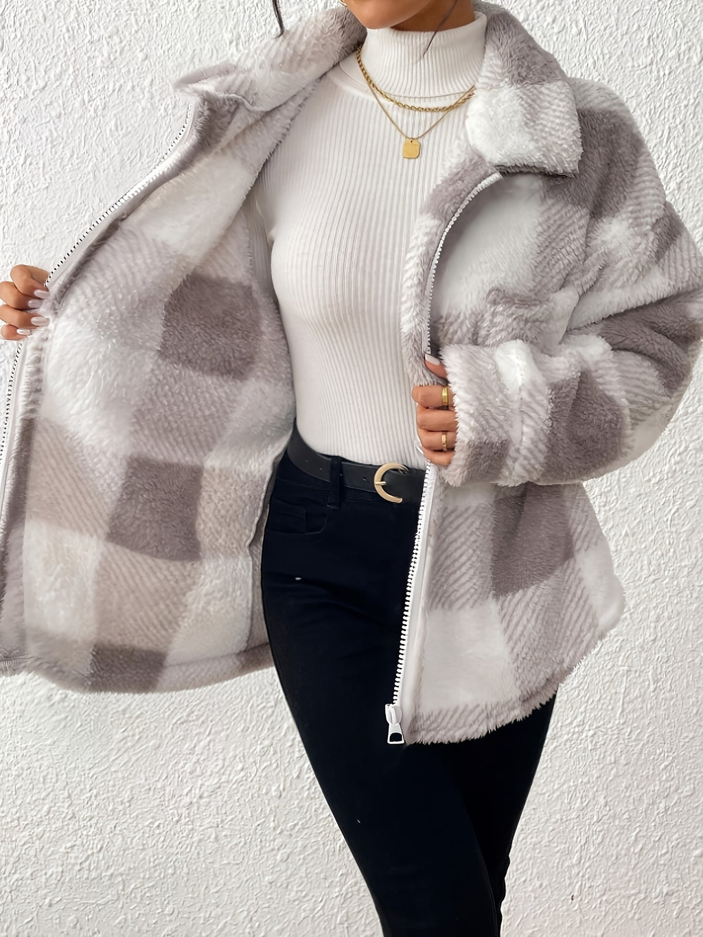 Autumn Winter New Women'S Plaid Plush Coat, Gray White Contrast Loose Zipper Faux Lamb Coat with Pockets, Casual Warm Teddy Coat - Beige Gray