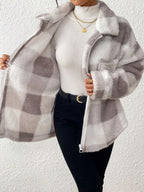 Autumn Winter New Women'S Plaid Plush Coat, Gray White Contrast Loose Zipper Faux Lamb Coat with Pockets, Casual Warm Teddy Coat - Beige Gray