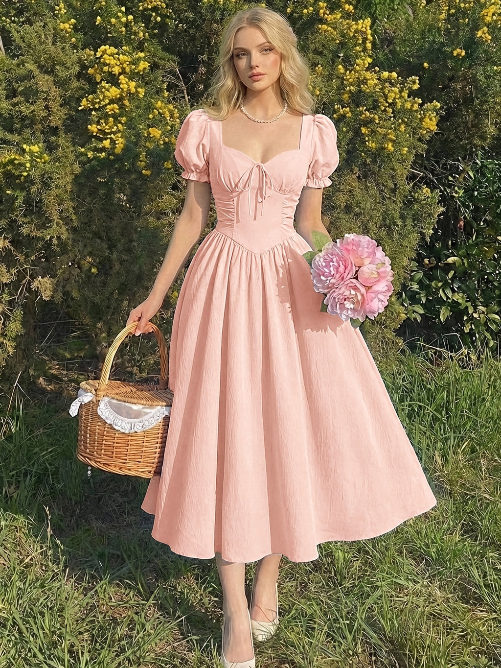 Directional French Country Style Sweet Elegant Women'S Dress Solid Color Cutout Neckline Dress - Pink