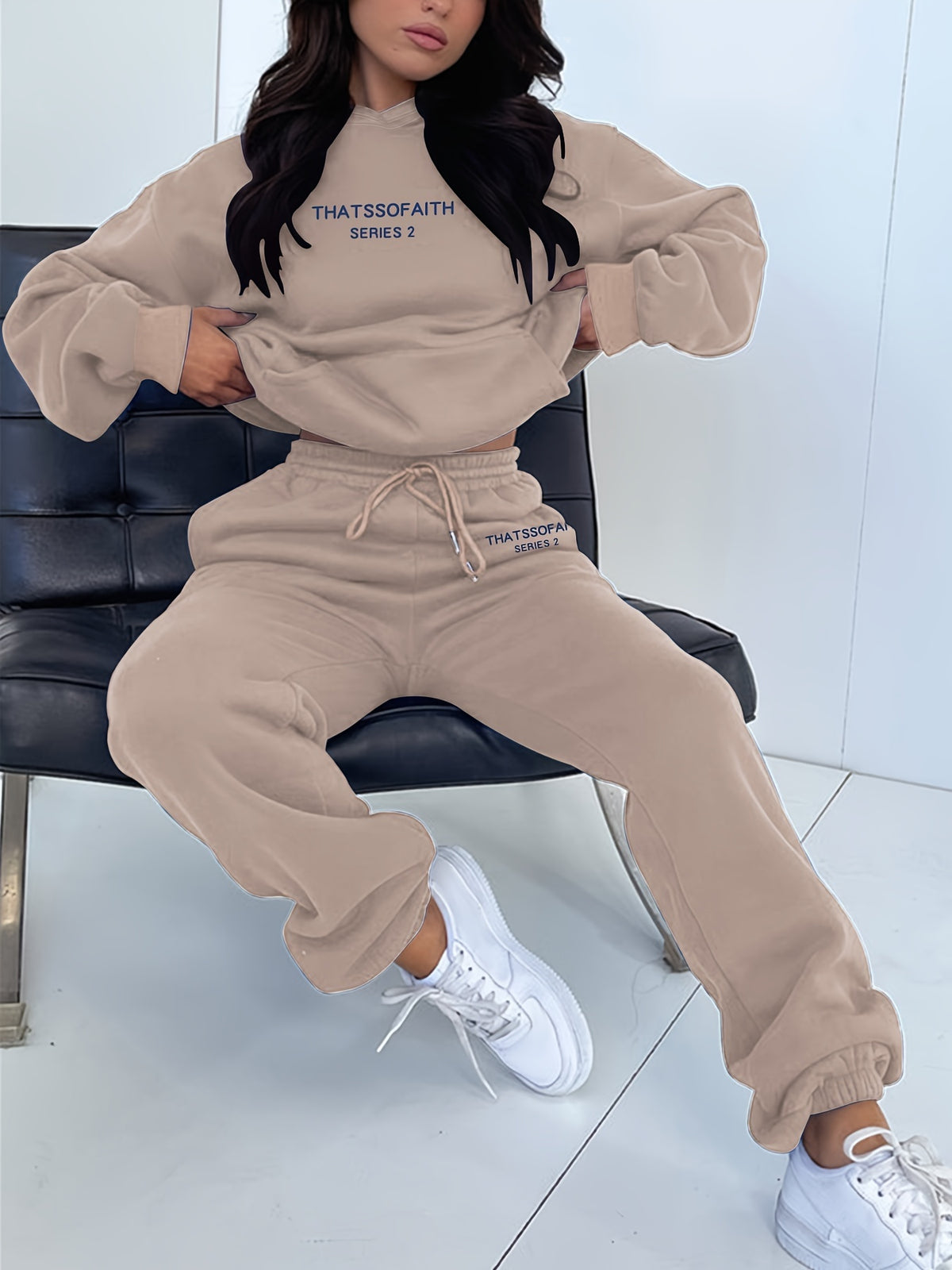 Women'S Letter Print Sweatshirt And Long Pants Fashion Outfit - Pale Pinkish Gray