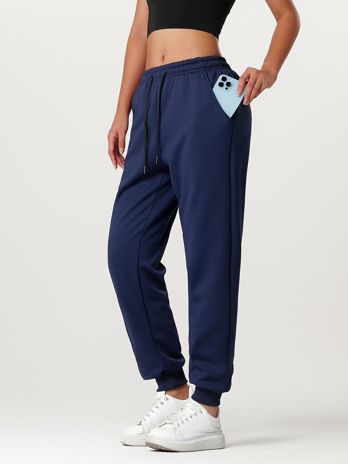 Winter Women'S Athletic Long Pants, Fleece-Lined Thick Casual Trousers with Elastic Waist And Ankle-Cinching Design - Dark Blue