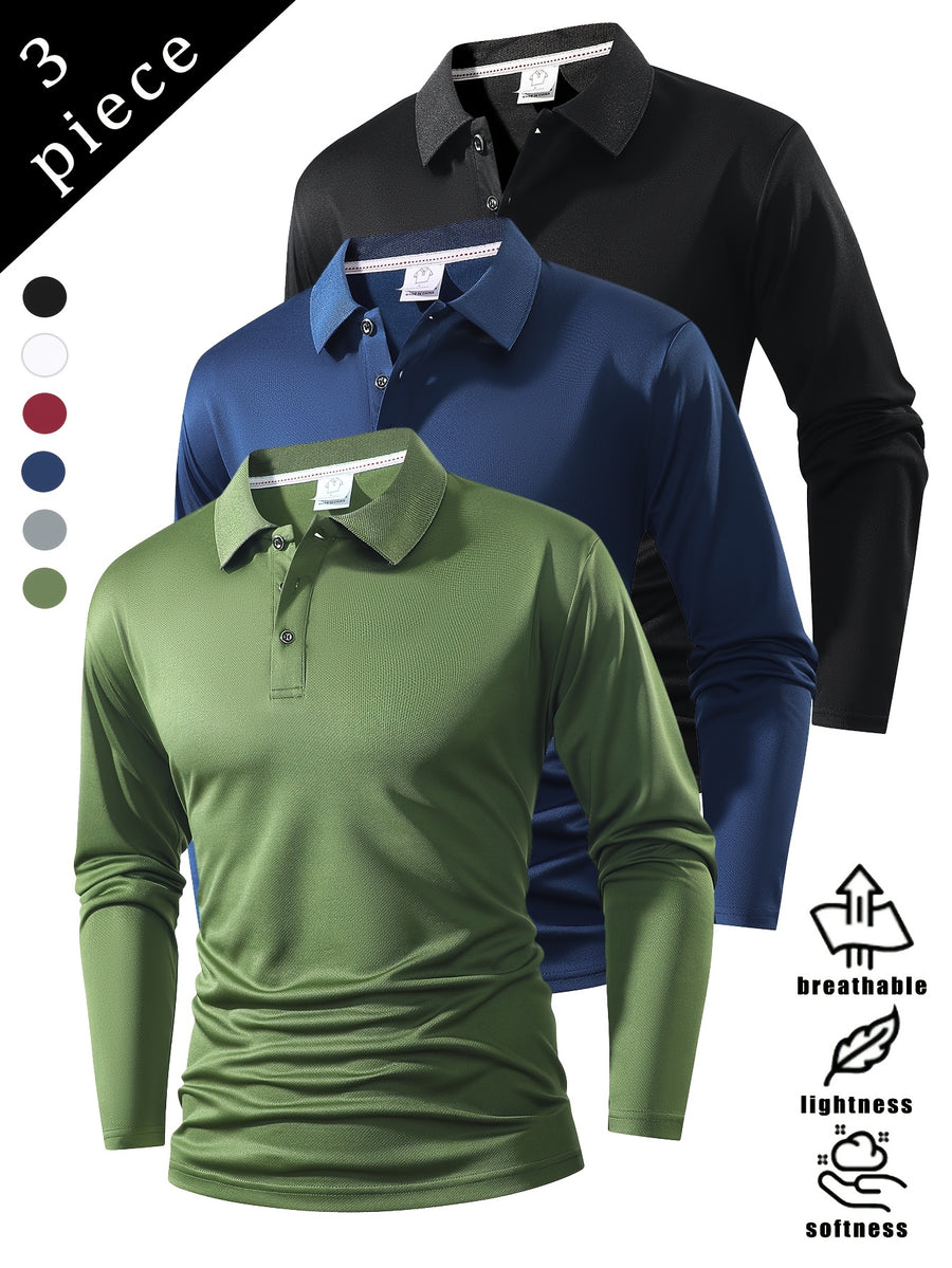 Spring And Autumn Explosive Value Three-Piece POLO Collar Long-Sleeved Top for Men, Stylish, Easy And Versatile, Solid Color Design, Multi-Color Optional Sports And Casual, Soft And Comfortable, Jumper, 220G/Square Meter Fabric Weight - Black/Navy/Green
