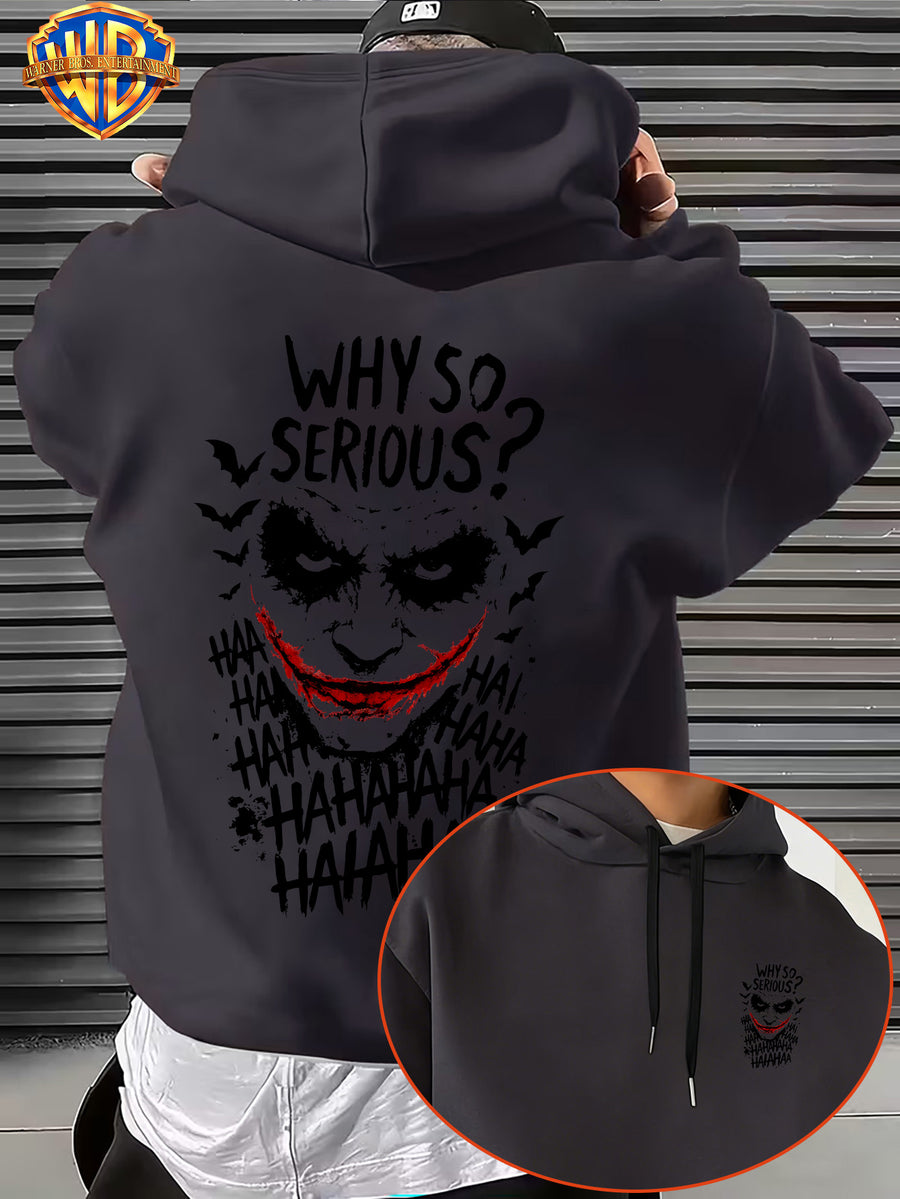 Licensed by Warner Bros., Trendy Cool Dark Distressed Joker Head, Classic Quote Slogan Bat Silhouette Street Retro Graffiti Trendy Cool Print Men'S Fashion Hooded Sweatshirt, Sleeve Print Design, Kangaroo Pocket, Drawstring Hood - Dark Gray