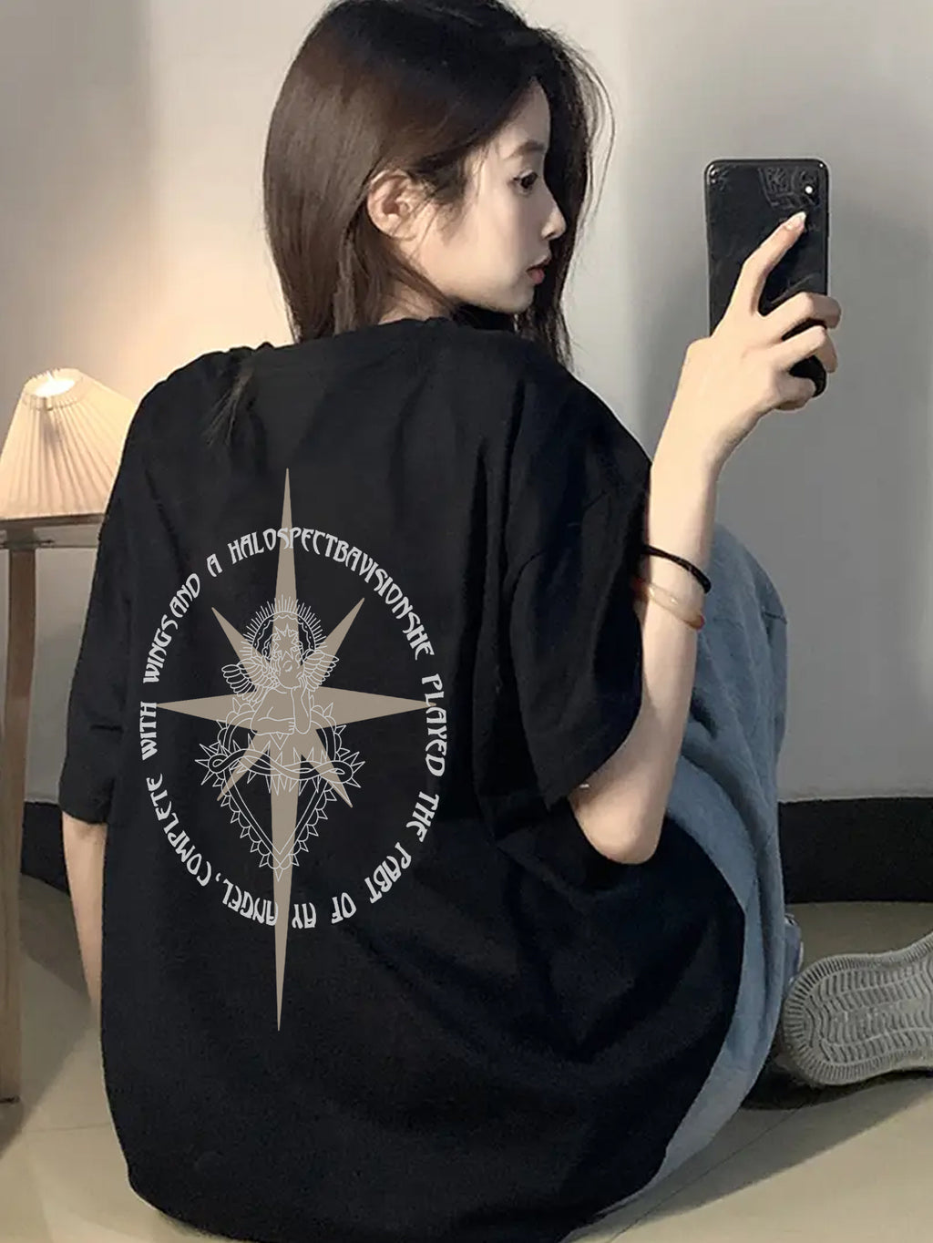 Women'S Black Angel Letter Print T-Shirt - Loose Fit, Casual Short Sleeve, Lightweight, Round Neck, Spring/Summer Essential - Black