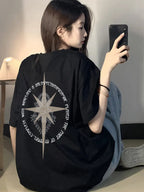Women'S Black Angel Letter Print T-Shirt - Loose Fit, Casual Short Sleeve, Lightweight, Round Neck, Spring/Summer Essential - Black