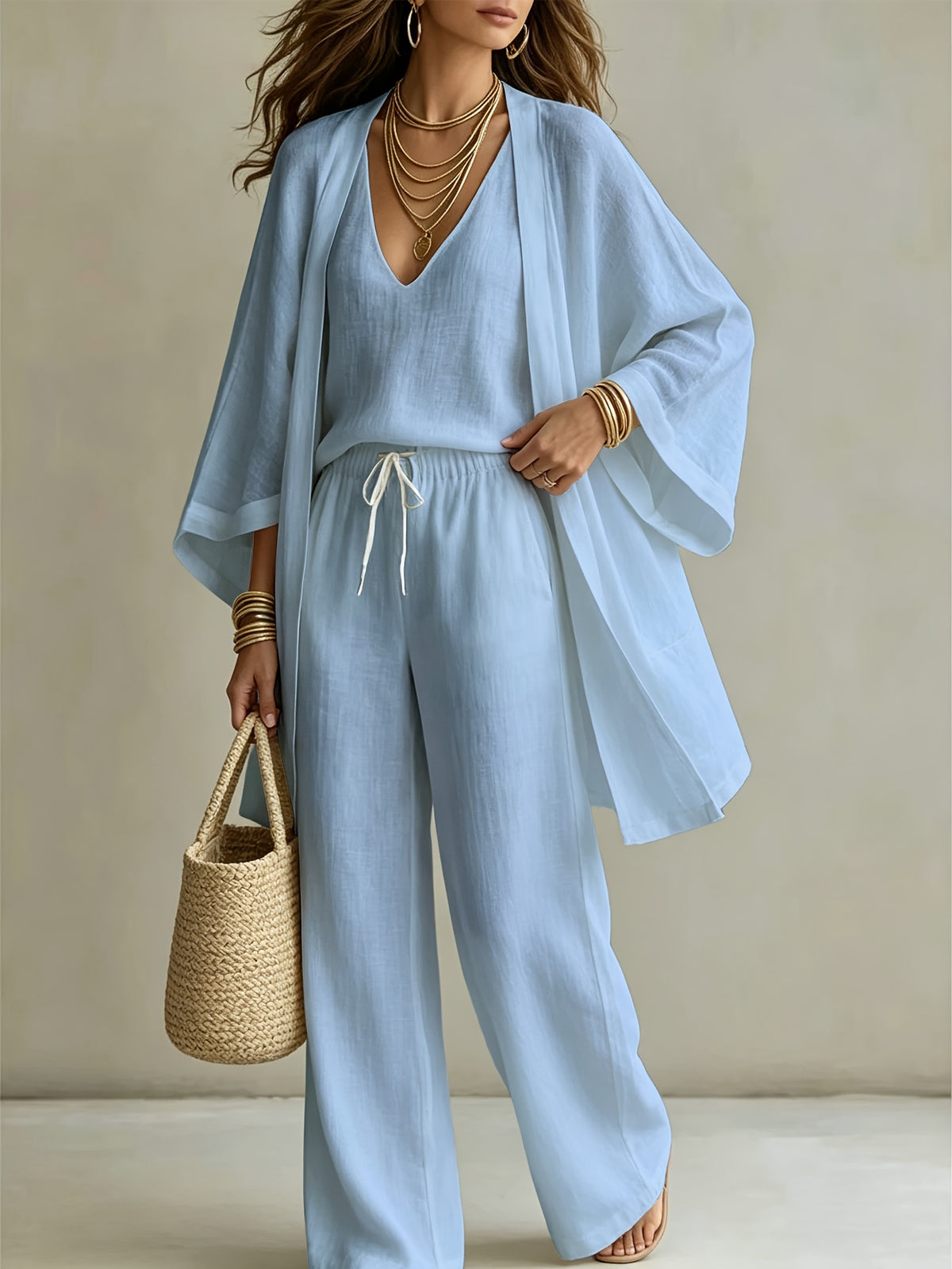 3pcs Set, Women's Spring/summer Vacation-style Loose Spaghetti Strap Tank Top with Cardigan and Loose Wide-leg Pants Casual Set, Elegant and Fashionable, Comfortable and Casual, Suitable for Commuting Wear - Sky Blue