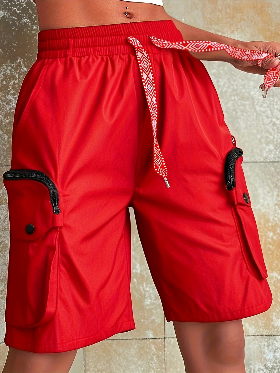Multi-Pocket Casual Versatile Cargo Pants Elastic Waistband Beach Pants - Red