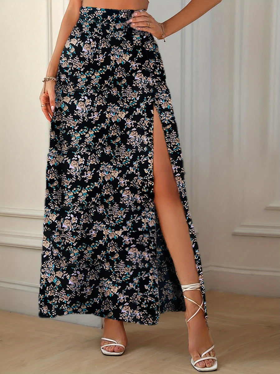 Elegant Floral Print High-Waisted Skirt with Side Slit - Women's Polyester Fashion, Machine Washable, Ideal for Spring/Summer, Spring Summer Fashion|Floral Midi Skirt|Vibrant Floral Print - Black