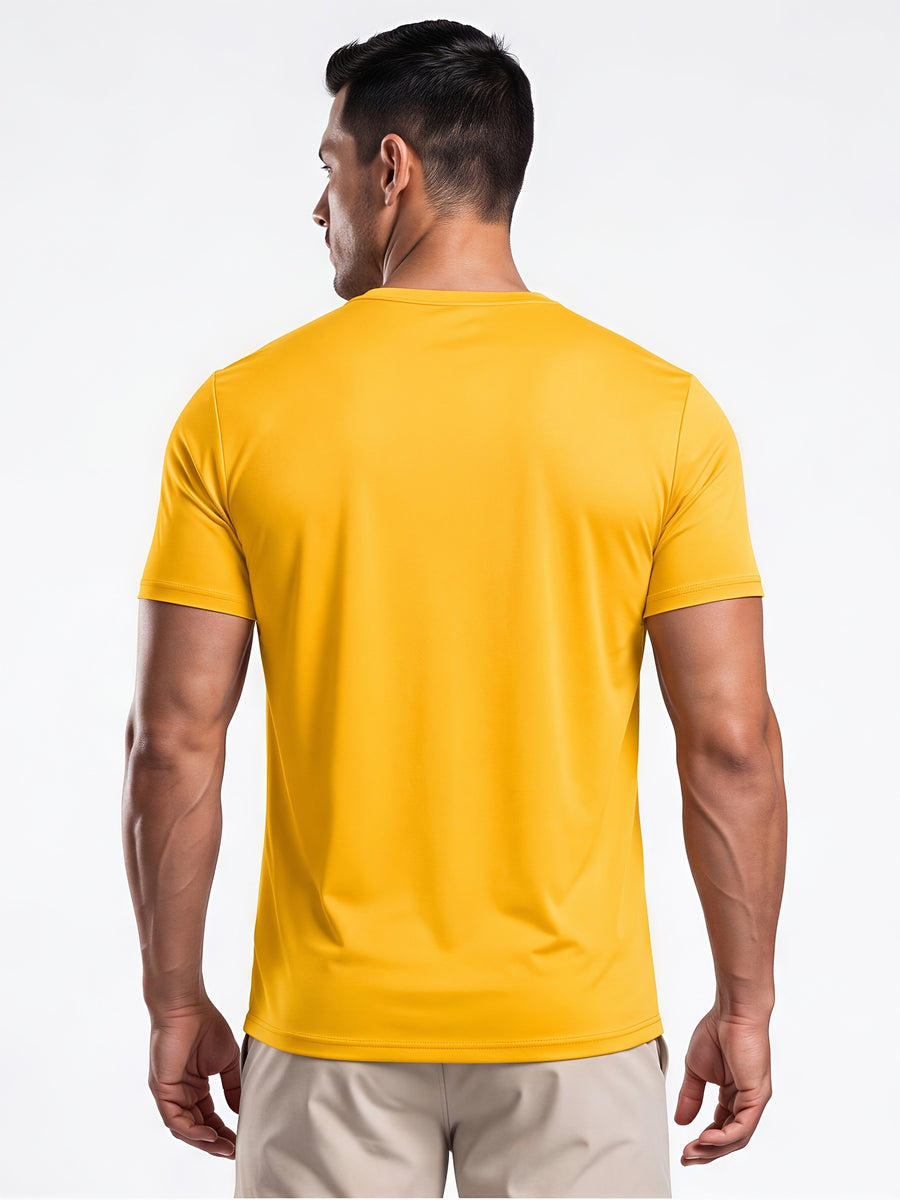 Men's Minimalist Sporty V-Neck Quick-Dry T-Shirt, Lightweight Breathable Moisture-Wicking Polyester Fiber Short-Sleeve Top, Solid Color Slim-Fit Casual Fitness Shirt, Suitable for Fitness, Running, Outdoor, Light Outdoor, and Urban Commuting - Bright Yellow
