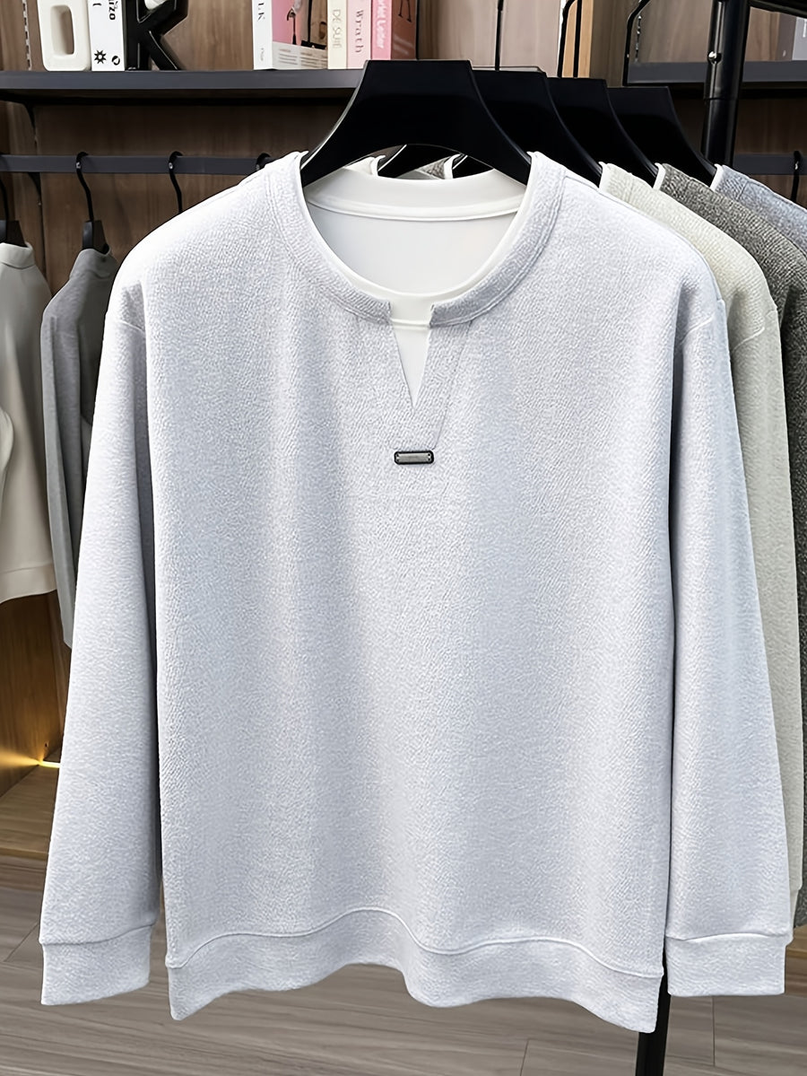 Men's 2-in-1 Look V-Neck Sweatshirt, Loose Drop Shoulder, Casual Pullover Long Sleeve, Suitable for Daily Commuting and Leisure. -SINBOS - Light Grey