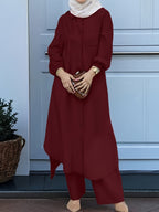 New Arabian 2pcs Abaya Set - Women'S Elegant Multi-Button Solid Color Long Sleeve Wide-Leg Trousers Without for Ramadan Spring Autumn Daily Commute - Burgundy