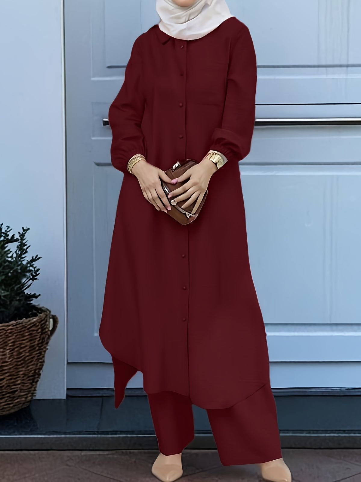 New Arabian 2pcs Abaya Set - Women'S Elegant Multi-Button Solid Color Long Sleeve Wide-Leg Trousers Without for Ramadan Spring Autumn Daily Commute - Burgundy