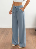 Spring/Autumn Women's Flowy Casual Straight-Leg Pants, Loose-Fit Breathable Wide-Leg Trousers with Faux Drawstring and Pockets, Comfortable and Versatile Summer Outdoor Pants - Light Blue