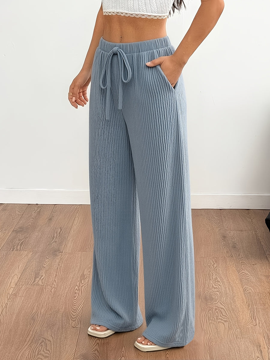 Spring/Autumn Women's Flowy Casual Straight-Leg Pants, Loose-Fit Breathable Wide-Leg Trousers with Faux Drawstring and Pockets, Comfortable and Versatile Summer Outdoor Pants - Light Blue