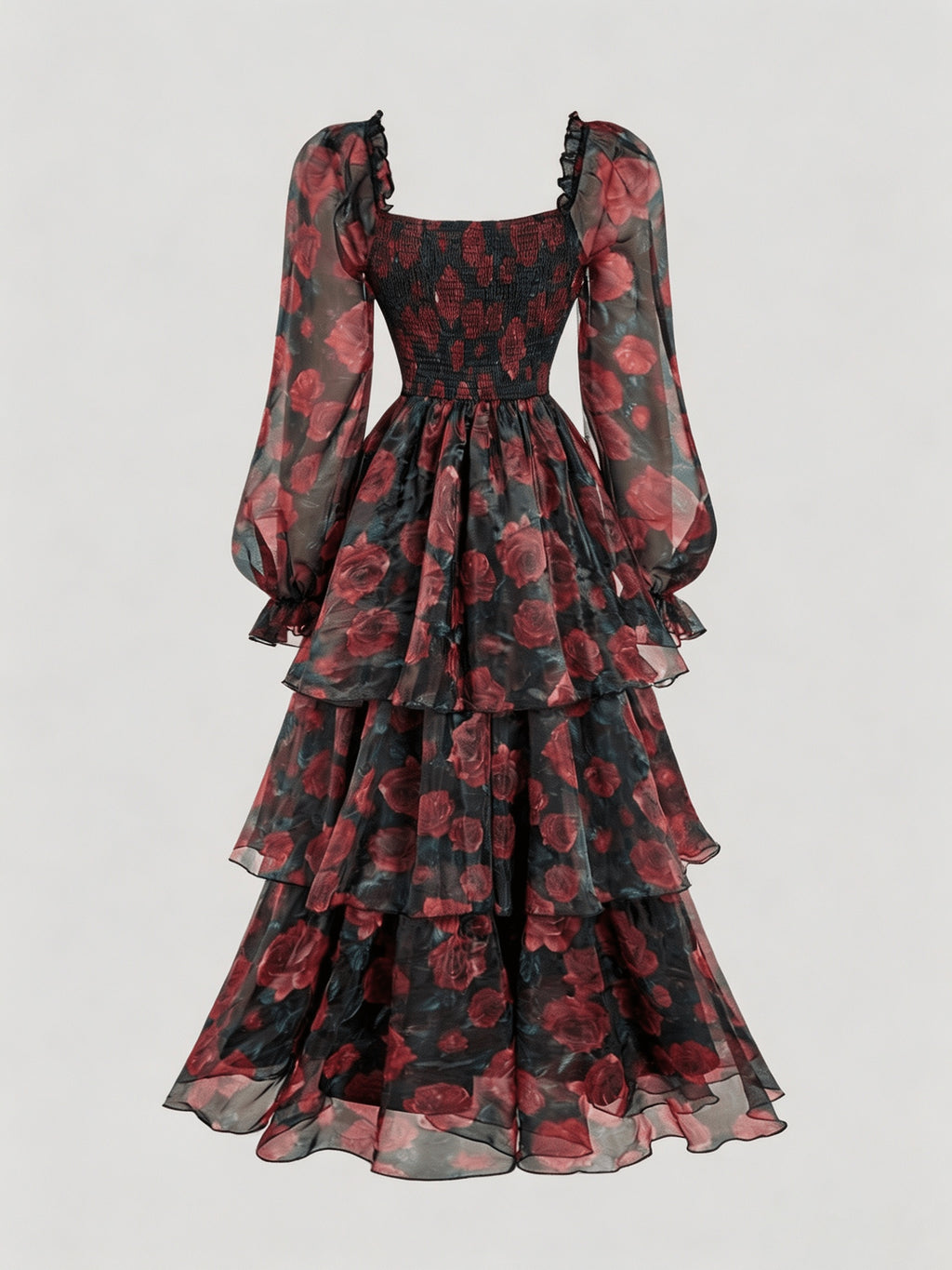 [Fashion Dress] Women'S Elegant And Beautiful Dress, Ruffle Design Comfortable And Breathable Summer Dress with Rose Print, Suitable for Daily Wear in Spring And Summer, Trendy And Versatile, Suitable for Various Occasions - Black