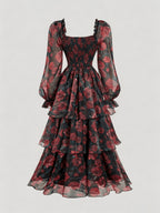 [Fashion Dress] Women'S Elegant And Beautiful Dress, Ruffle Design Comfortable And Breathable Summer Dress with Rose Print, Suitable for Daily Wear in Spring And Summer, Trendy And Versatile, Suitable for Various Occasions - Black