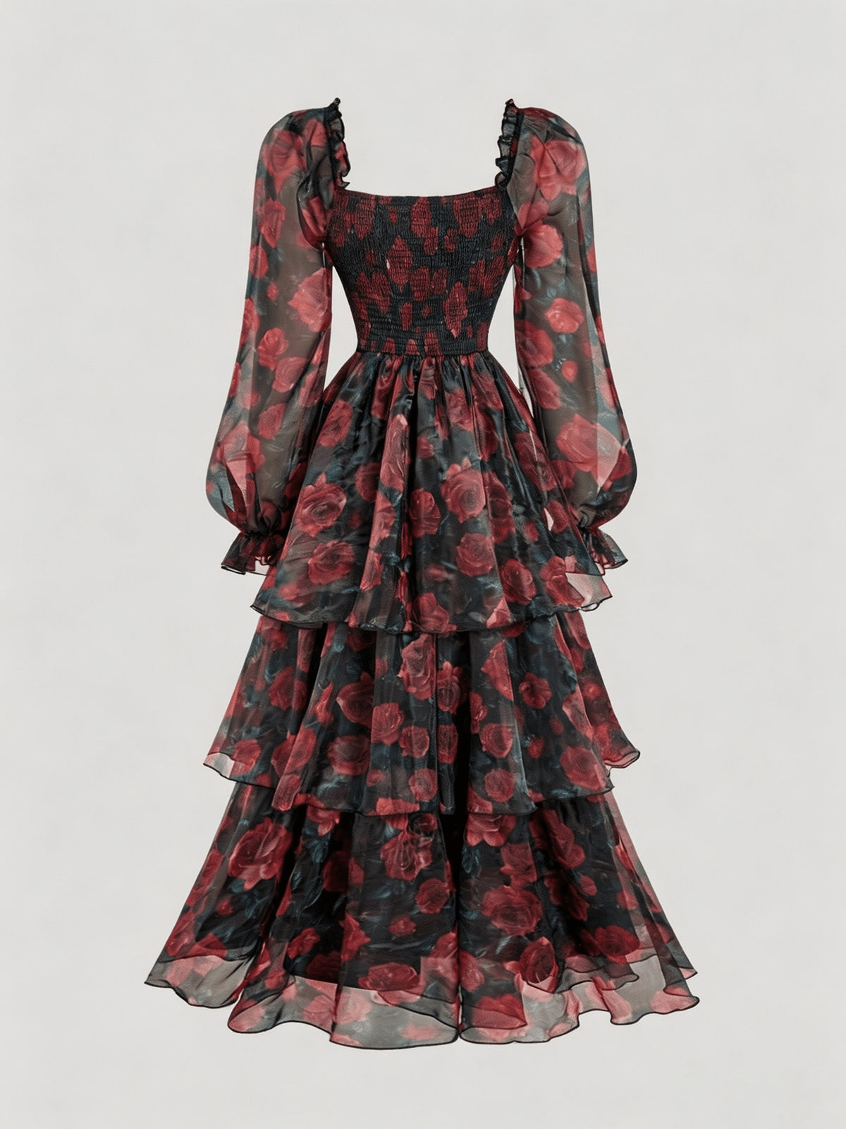 [Fashion Dress] Women'S Elegant And Beautiful Dress, Ruffle Design Comfortable And Breathable Summer Dress with Rose Print, Suitable for Daily Wear in Spring And Summer, Trendy And Versatile, Suitable for Various Occasions - Black