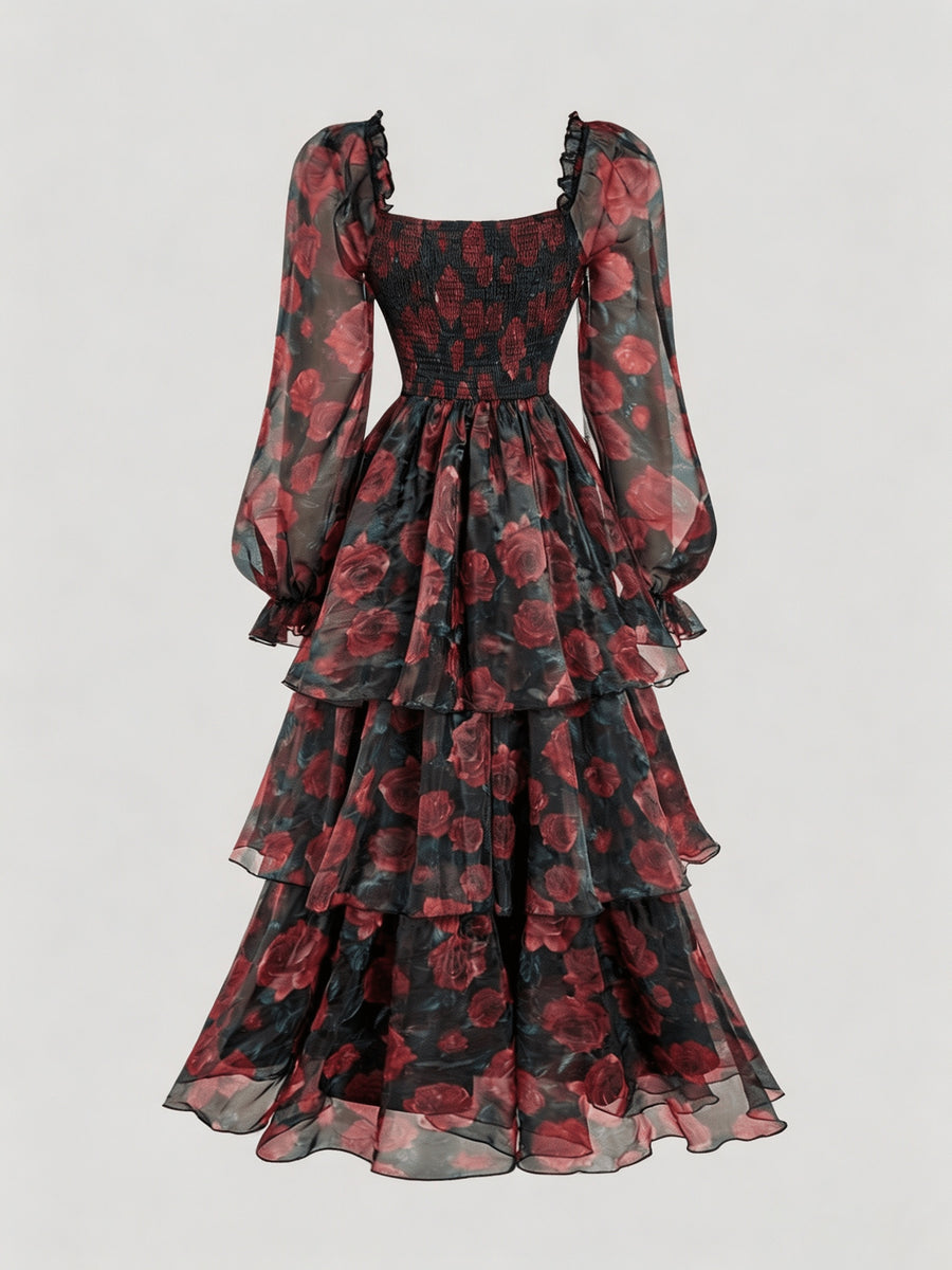 [Fashion Dress] Women'S Elegant And Beautiful Dress, Ruffle Design Comfortable And Breathable Summer Dress with Rose Print, Suitable for Daily Wear in Spring And Summer, Trendy And Versatile, Suitable for Various Occasions - Black
