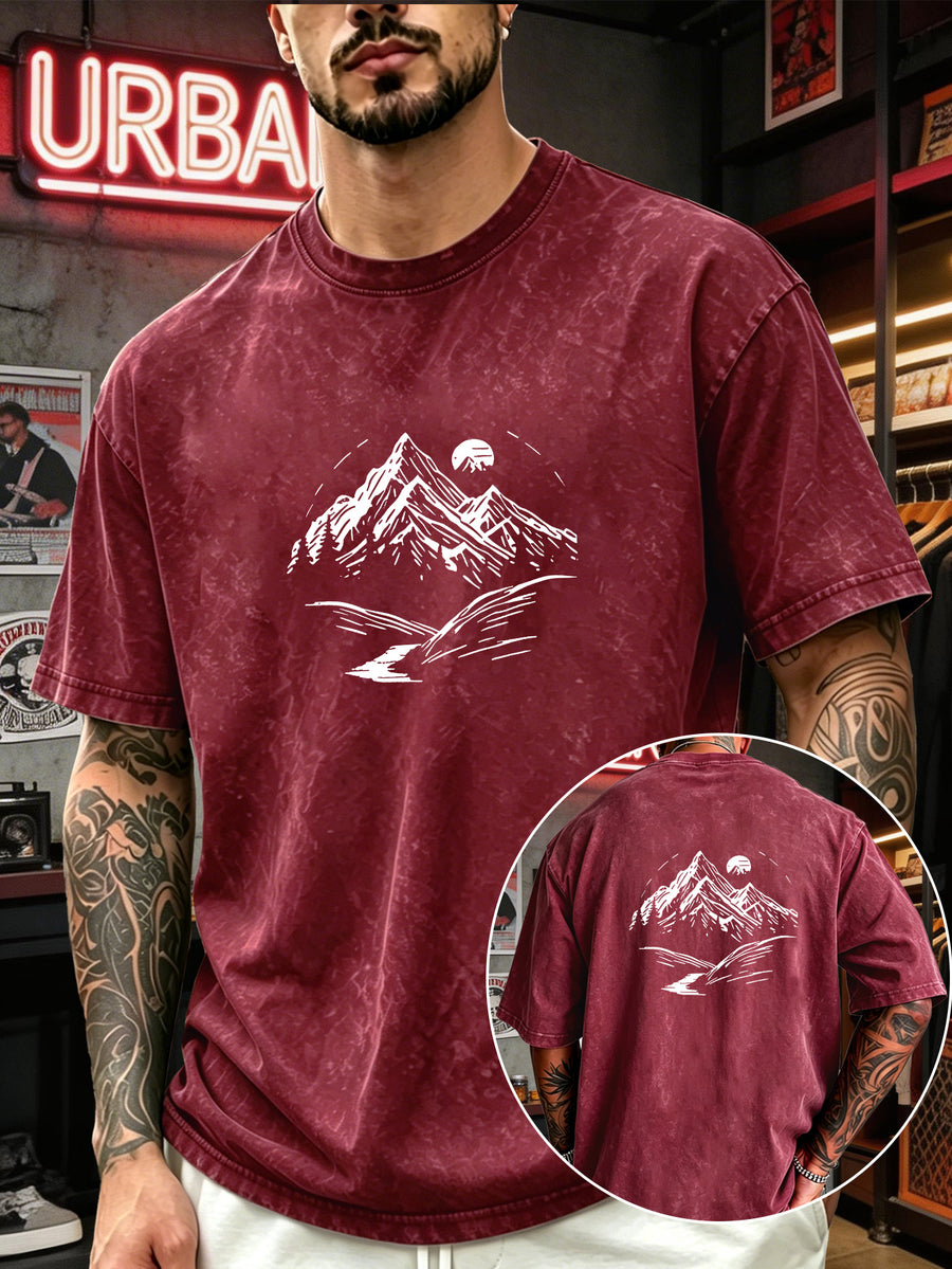Men's Heavyweight T-Shirt Washed Distressed Fashion Print 2026 Summer New Urban High Street Hiphop Style Vintage Acid Wash Casual Gym Workout Top Pure Cotton Breathable Base Shirt - Red