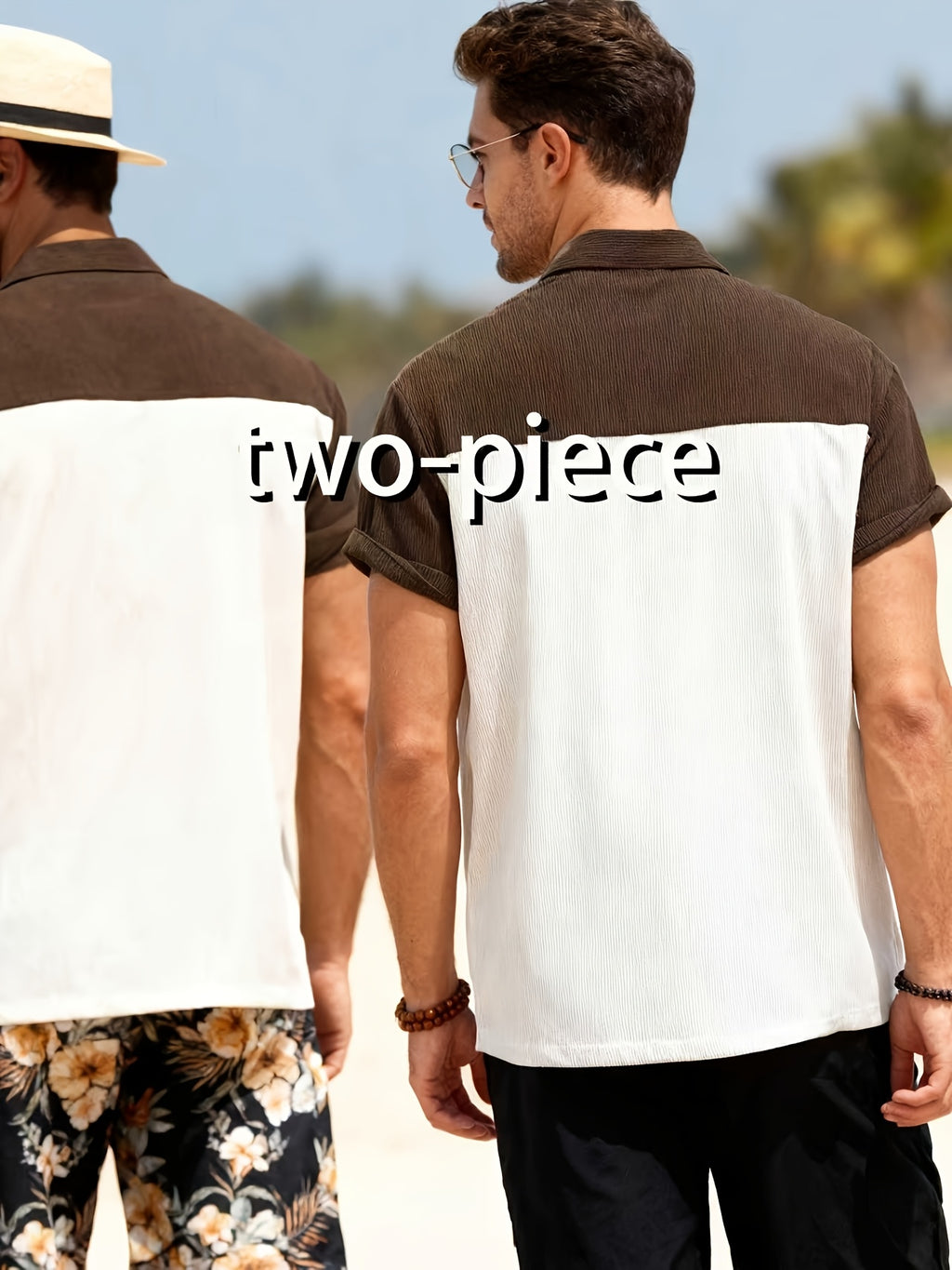[2pcs Set] Men'S Fashion Classic Corduroy Casual T-Shirt Individual Contrast Patchwork Half-Open Button Design Suitable for Daily Casual Fashion Easy Outing Commute Street Trend Summer New Short Sleeve Shirt - Apricot