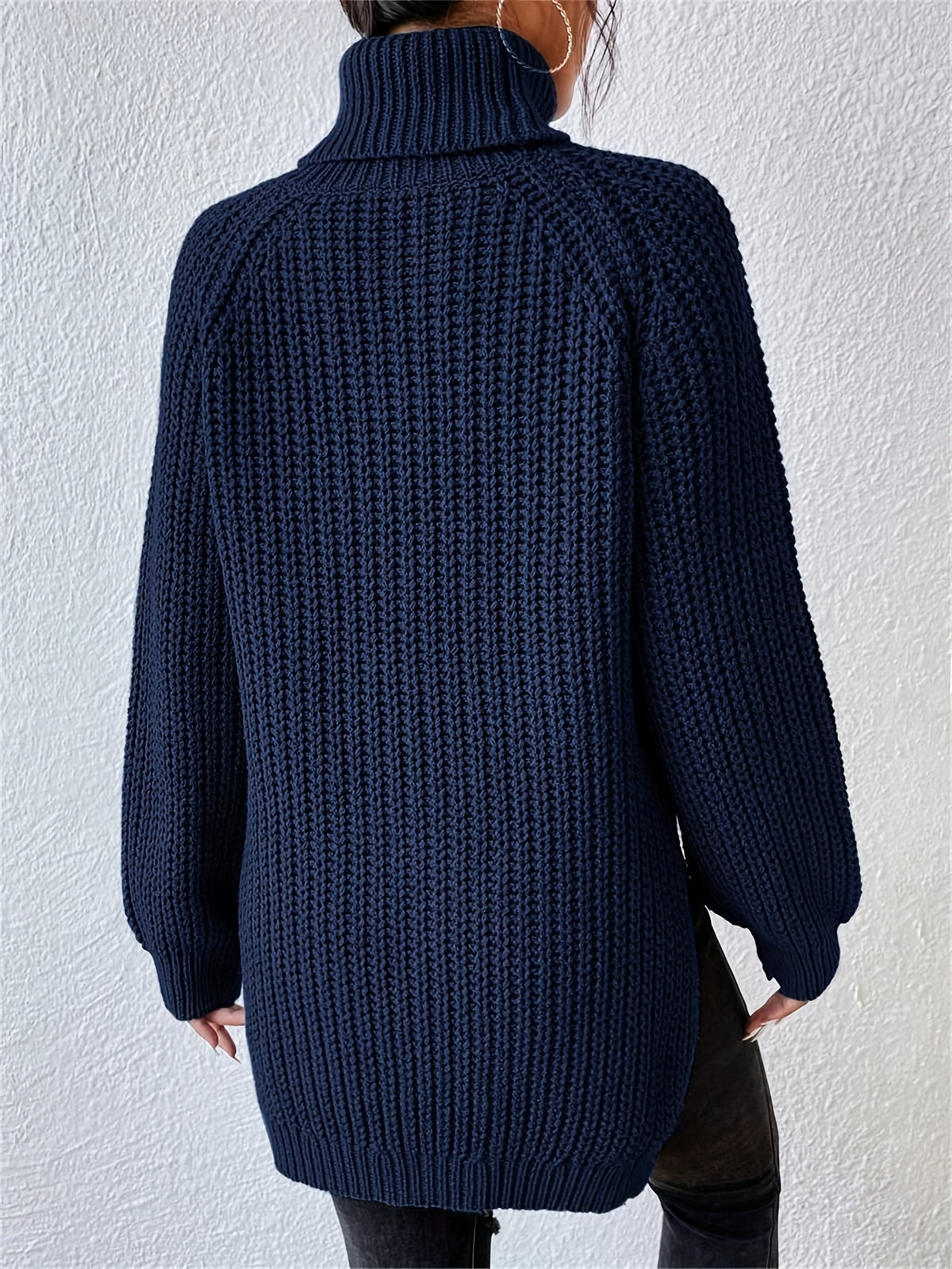 Women's New Arrival Elegant Casual Versatile Vacation Commute Office Sisters Outing Shopping Y2K Daily Wear Autumn Winter Solid Color High Neck Lapel Raglan Long Sleeve Top Spring Slit Hem Sweater Party Outfit Birthday Top Commute Wear Casual Wear - Navy blue color