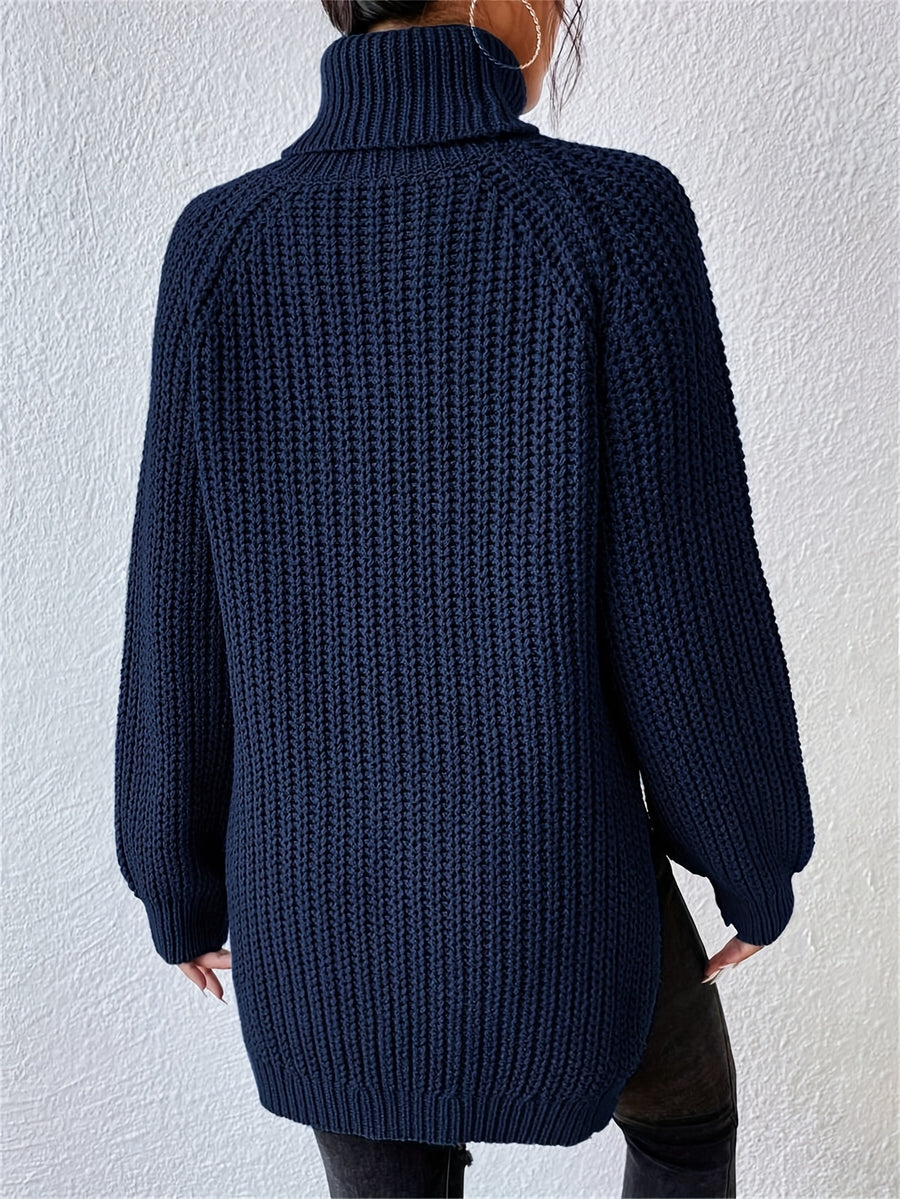 Women's New Arrival Elegant Casual Versatile Vacation Commute Office Sisters Outing Shopping Y2K Daily Wear Autumn Winter Solid Color High Neck Lapel Raglan Long Sleeve Top Spring Slit Hem Sweater Party Outfit Birthday Top Commute Wear Casual Wear - Navy blue color