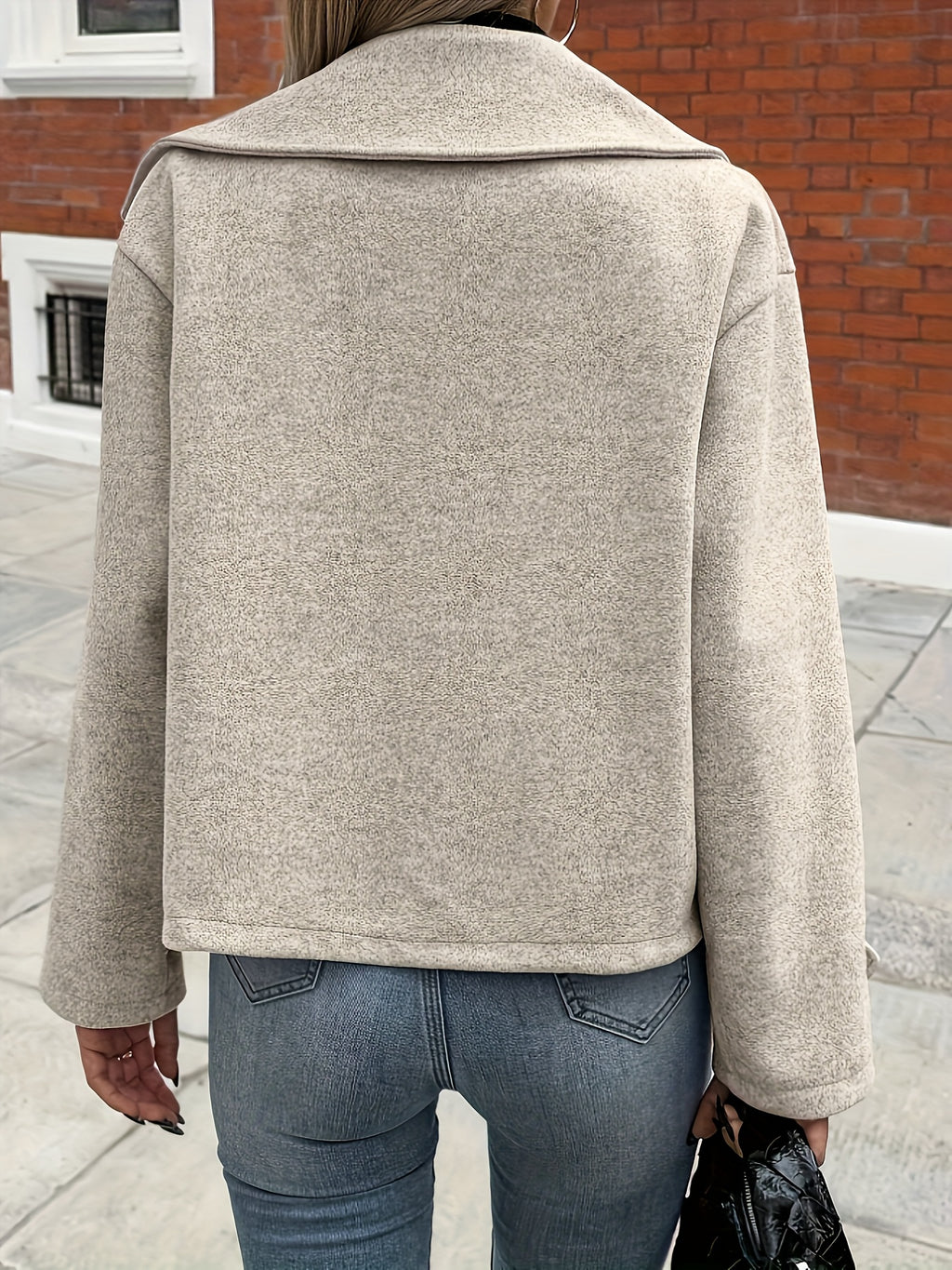 Women's Large Turn- Collar Decorative Button Long Sleeve Casual Loose Coat - Gray Apricot