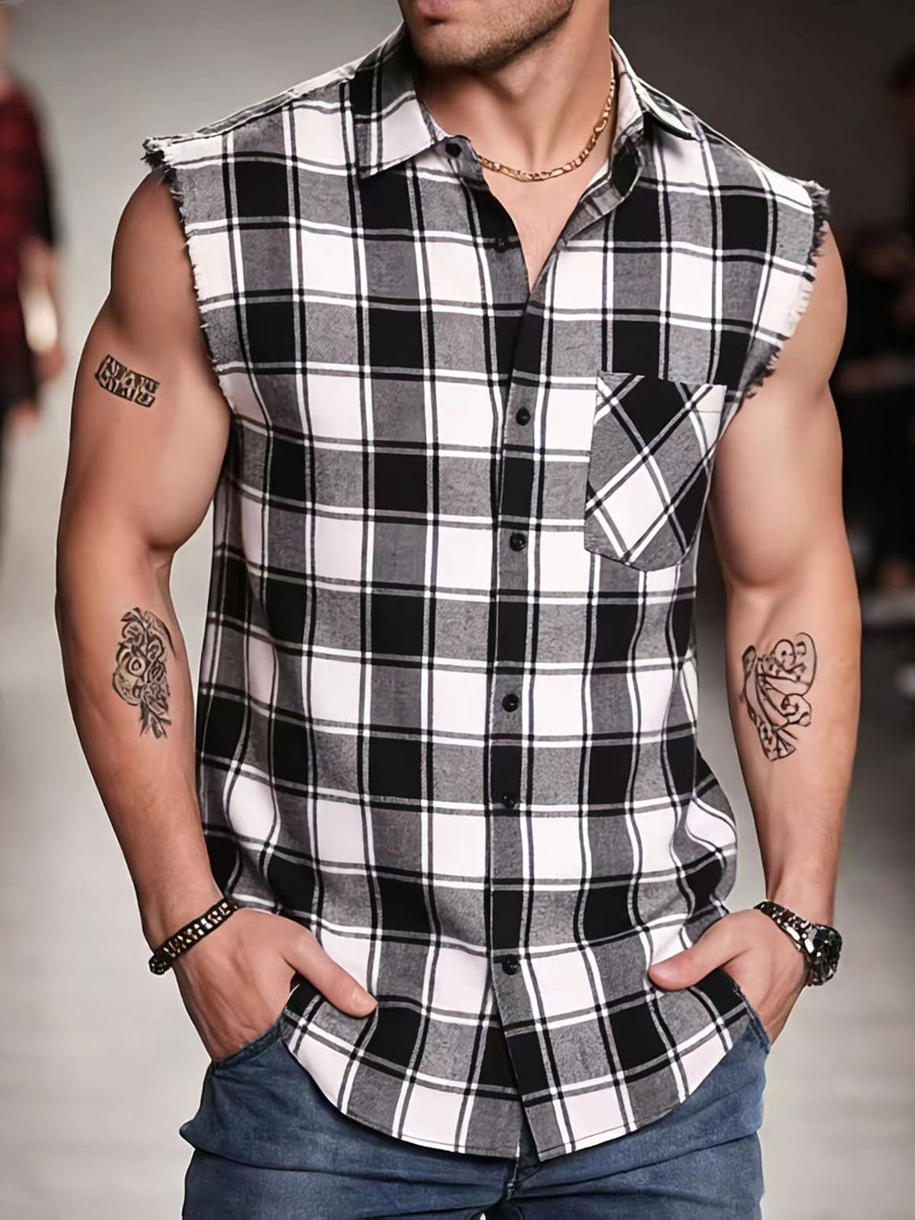 Men'S Summer Sleeveless Plaid Shirt - Raw Edge Cuffs And Lightweight Fit, Beach-To-Street Versatile Style Upgrade - Black
