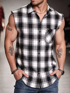 Men'S Summer Sleeveless Plaid Shirt - Raw Edge Cuffs And Lightweight Fit, Beach-To-Street Versatile Style Upgrade - Black