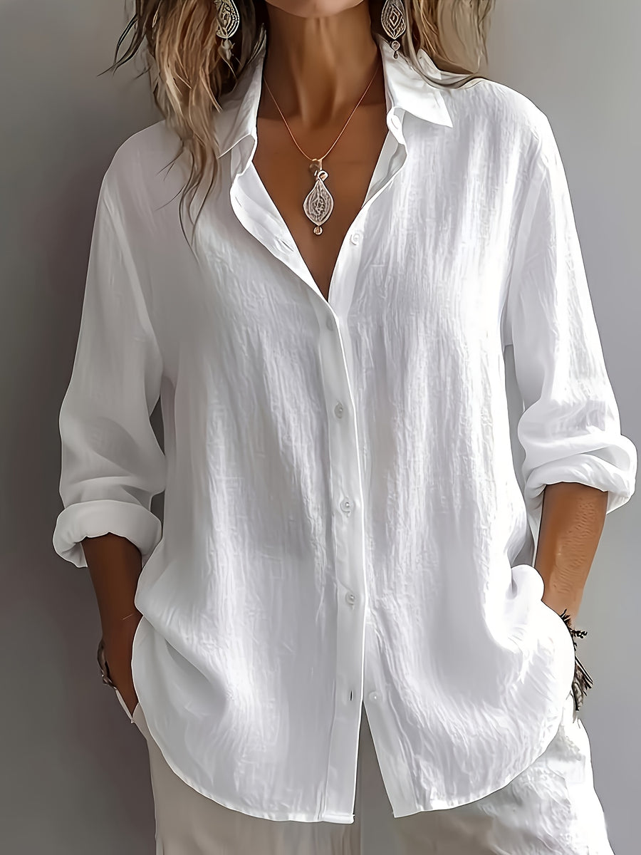 Women's Elegant Lapel Shirt, Loose Straight Fit with Long Sleeves, Lightweight, Comfortable, and Breathable Fabric, Versatile for Commuting and Casual Wear, Loose Straight Cut Flattering Design, Daily Comfortable and Relaxed Style - White
