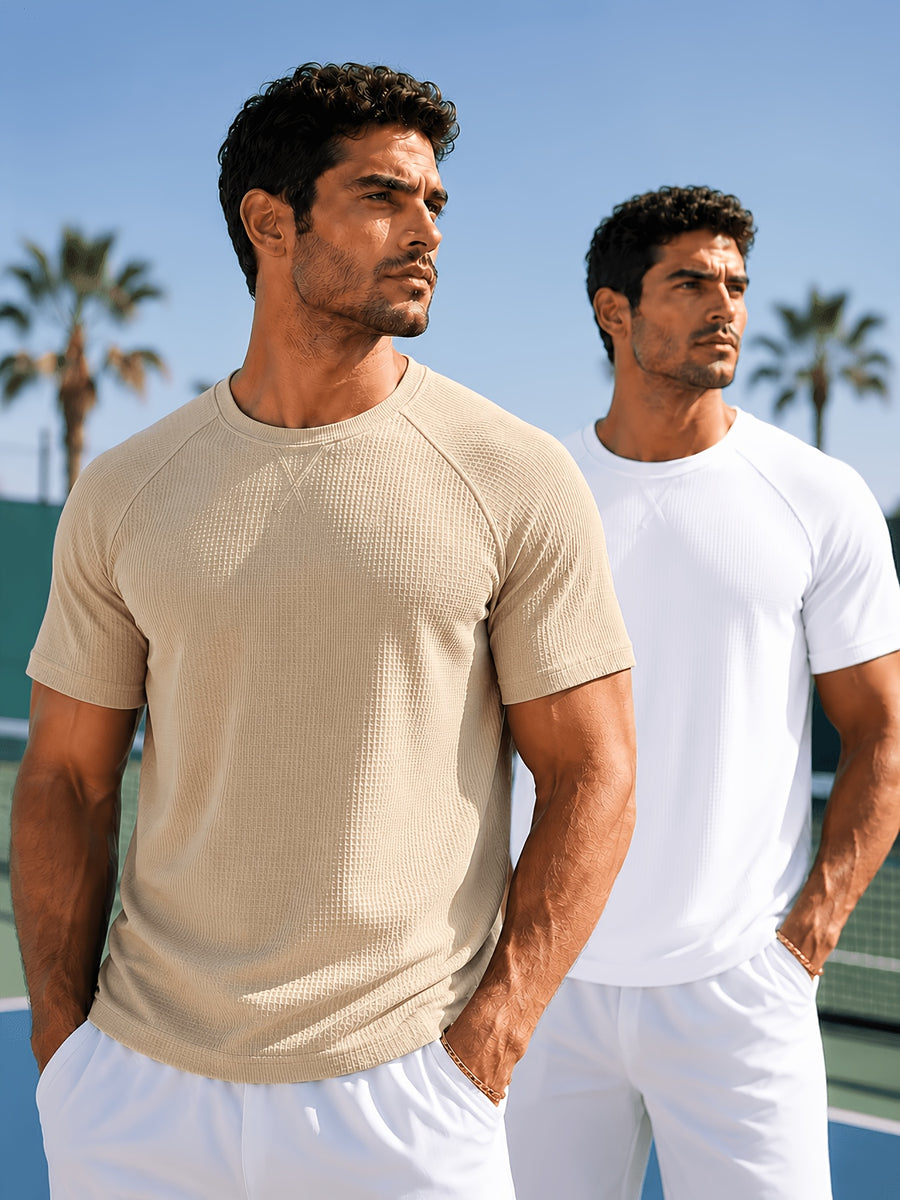 Men'S 2-pc Premium Textured T-Shirts, Casual Short Sleeve Waffle Knit And Jacquard Crew Neck Tees, Lightweight Solid Athletic Summer Tops, Breathable Workout Everyday Fashion Shirts for Men - Khaki+White