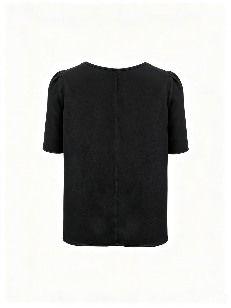 Women'S Summer New Arrival, Elegant Solid Color Puff Sleeve Patchwork Round Neck Blouse, Suitable for Office, Business Commute, Meetings, Casual Outings - Black