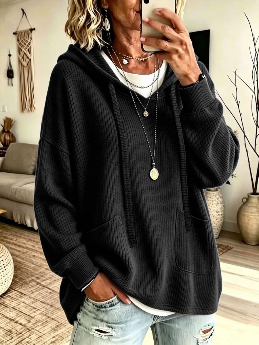 Plus Size - Western New Autumn Winter Solid Color Lapel Long Sleeve Pocket Drawstring Hooded Sweatshirt - Black