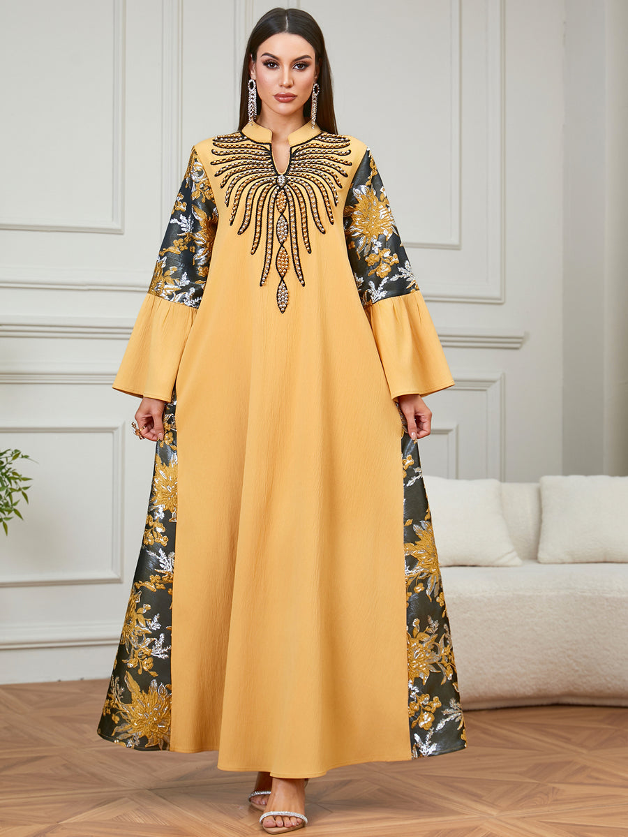 Women' Middle Eastern Kaftan Dress - Heavy & Beaded V-Neck -Line Robe with Loose Fit -Length Gown Suitable for Ramadan, Weddings, Banquets, Daily Wear - Machine Washable Traditional Dress - Yellow