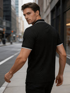 Men'S Quarter-Zip Knit Polo Shirt, Textured Diamond Jacquard Short Sleeve Top, Summer Golf Casual Office Street Wear - Black