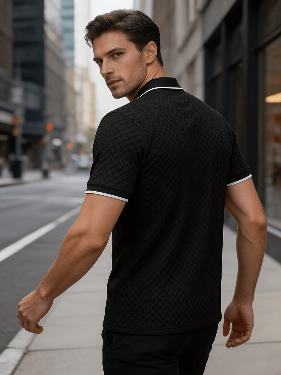 Men'S Quarter-Zip Knit Polo Shirt, Textured Diamond Jacquard Short Sleeve Top, Summer Golf Casual Office Street Wear - Black