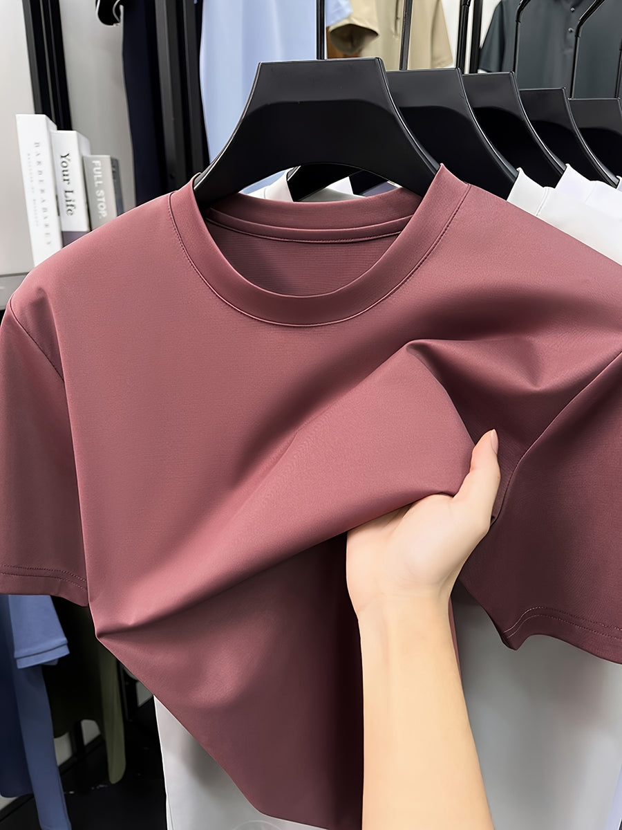 NERPOLO Men's Solid Color Short Sleeve T-Shirt - Round Neck Casual Summer Tee with Suitable for Middle-Aged, Regular Fit Breathable Shirt, Hand Washable Solid Color Round Neck Half-Sleeve Blouse for Casual Attire (No Transparency) - Pink Color