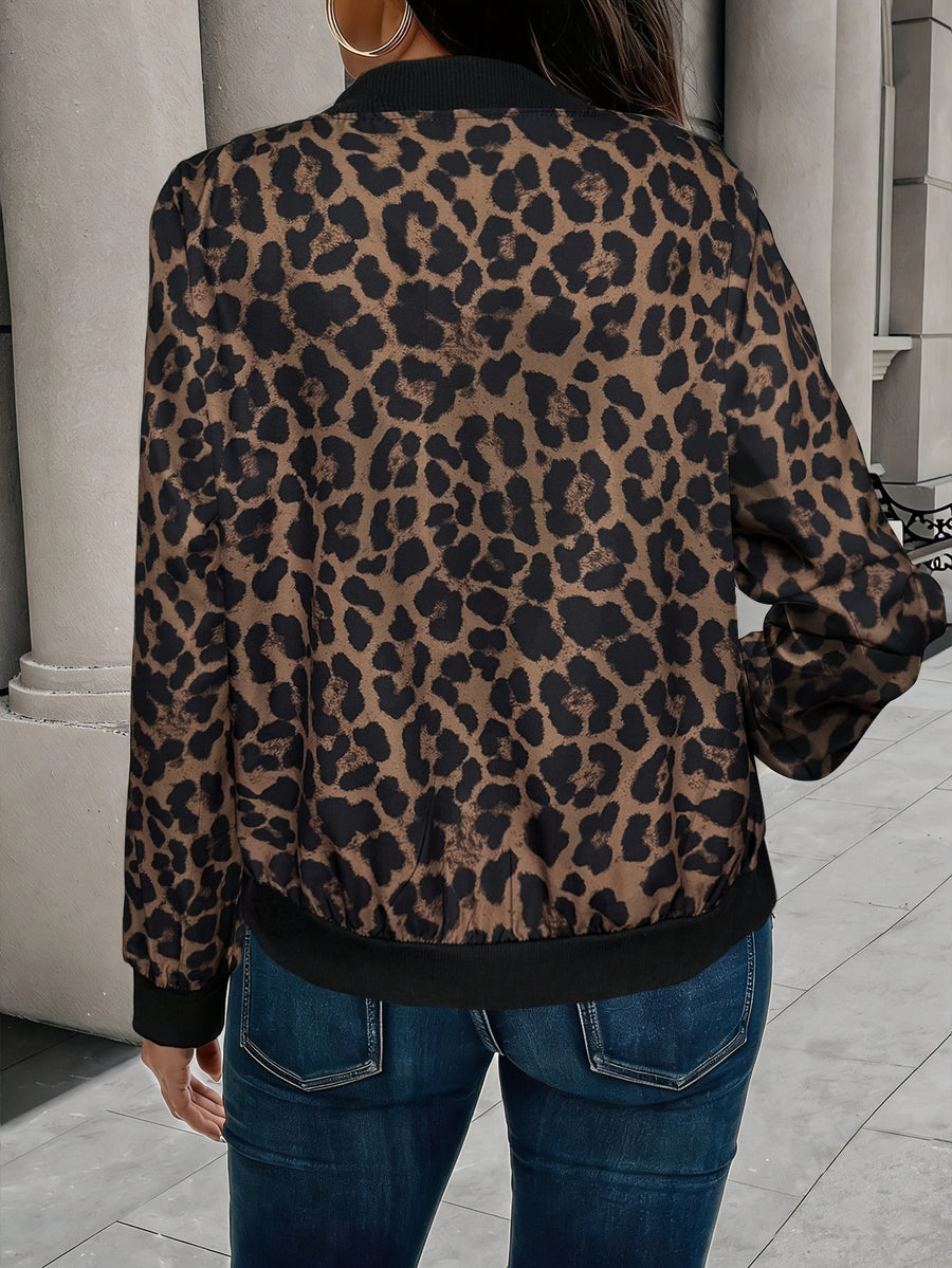 Women'S Leopard Print Baseball Jacket, Metal Zipper, Baseball Collar, Long Sleeve, Regular Fit, Lightweight, Fashionable Casual Multi-Purpose Jacket, Suitable for Work, Travel, Daily Wear, Spring/Summer Women'S Cardigan - Mixed colors