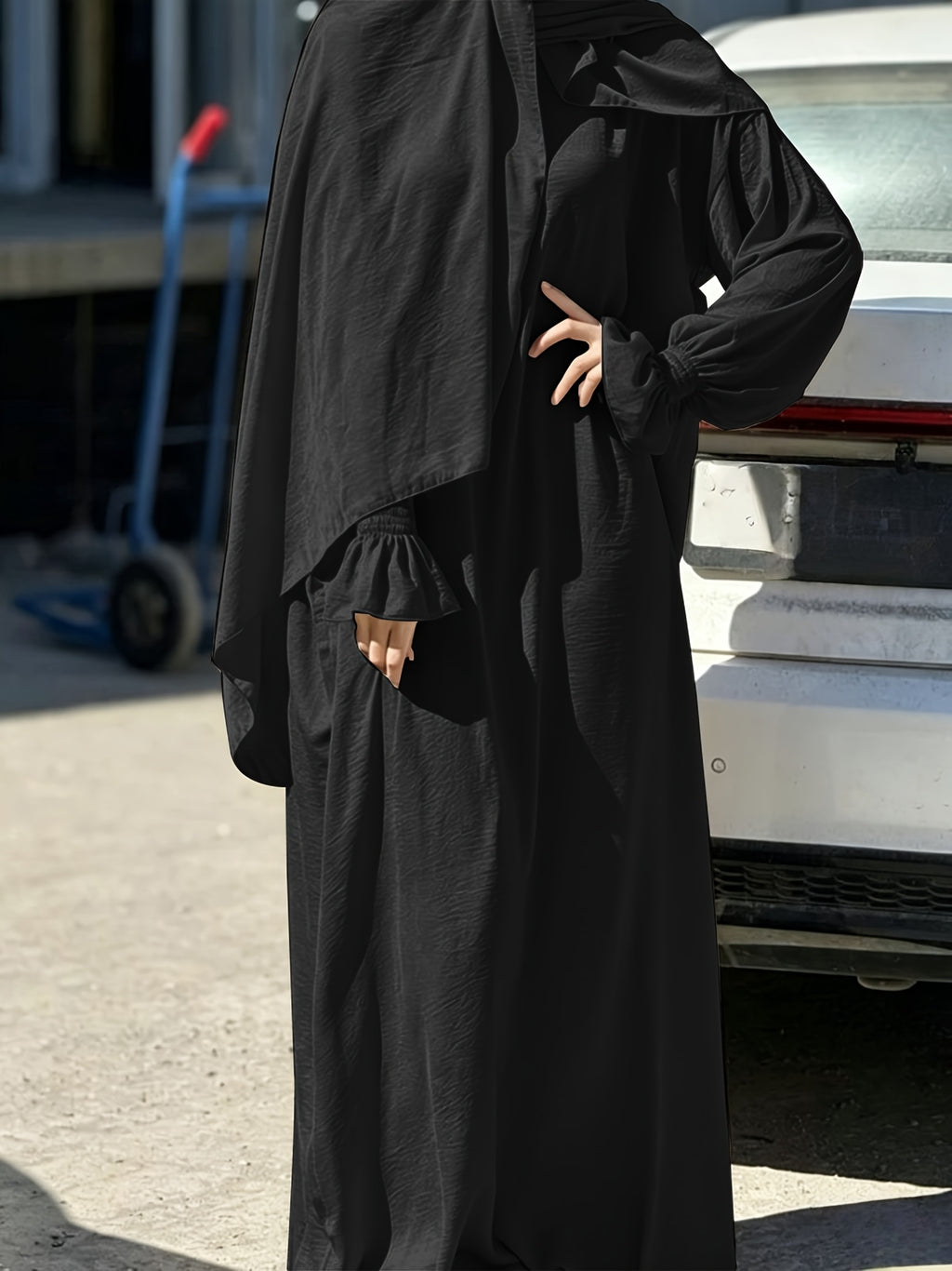 1pc Ice Wrinkled Fabric Scarf And Robe Abaya Khimar Loose Cuff Design Easy Fashion Suitable for Women'S Daily Wear And Prayer All Seasons - Black