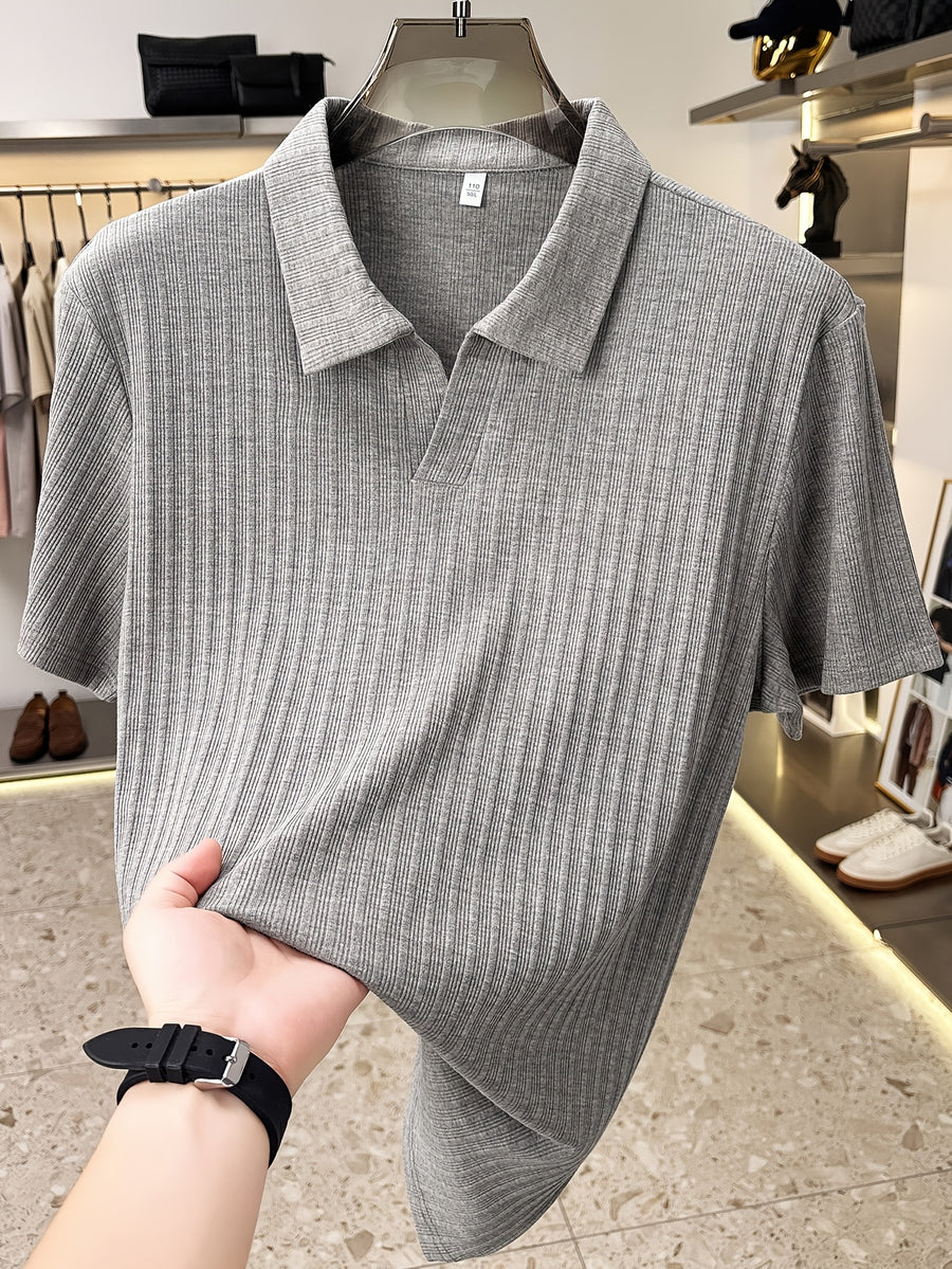 Men'S Vertical Striped V-Neck Knit Shirt, Summer Lapel Men'S Short-Sleeved T-Shirt, Solid Color Striped POLO Shirt, Casual Business Versatile Top, Commuting Men'S Clothing, Temperament Men'S Top - Grey