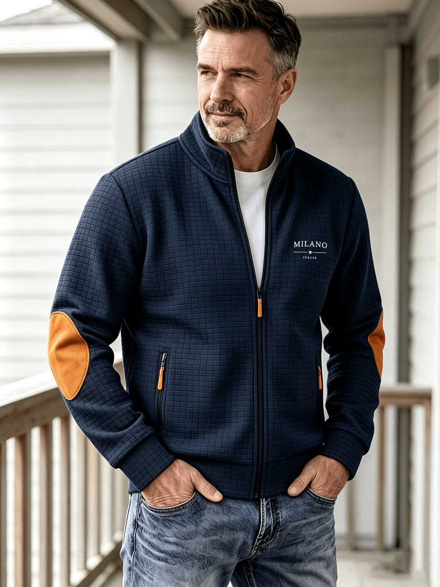 Men'S Autumn Winter Sports Stand-Collar Zipper Pocket Jacket, Spring Autumn Versatile Zipper Cardigan Top, Fashionable Plaid Jacquard Texture Fabric, Stylish Elbow Classic Color-Block Casual Coat, Suitable As Men'S Holiday Gift - Navy Color